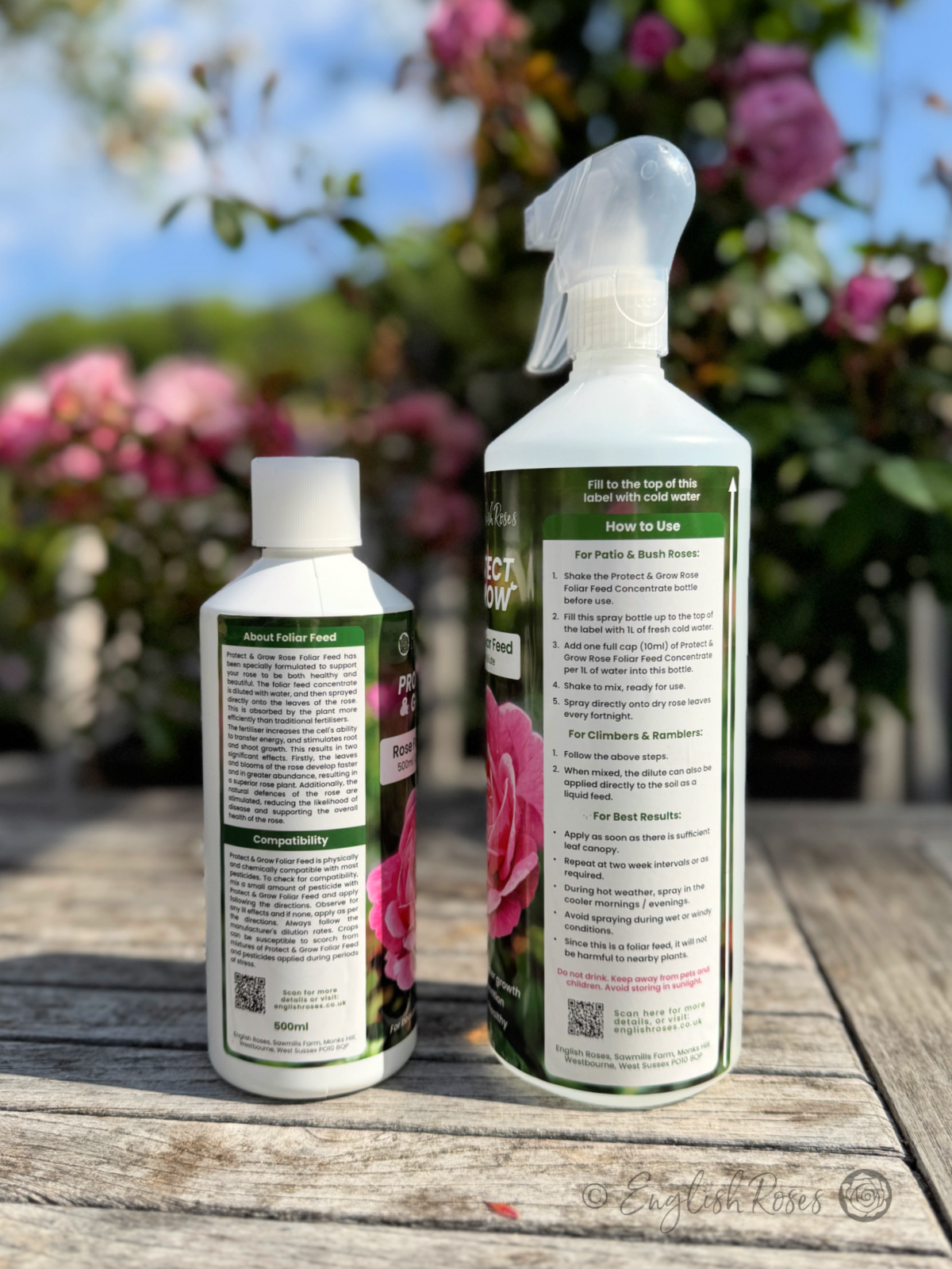 Rose Foliar Feed Spray English Roses Protect & Grow Back of bottles Image