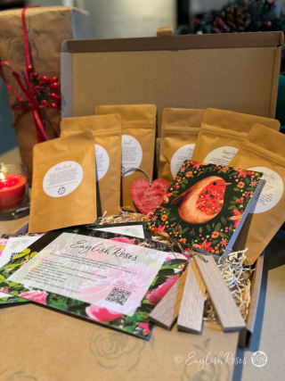 English Roses Christmas Letterbox Gift Three Rose Gift Box with a greetings card with gift code, help guides, rose feed, rose granules and gift tags.
