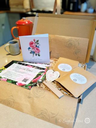 English Roses Letterbox One Rose Gift Inside with a greetings gift card, rose feed, rose granules, help guides and gift tags.