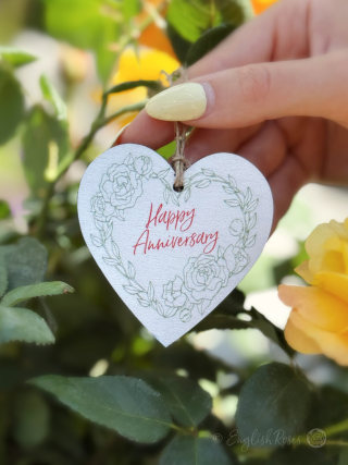 White hanging heart shaped wooden gift tag keepsake saying 'Happy Anniversary' - Eco-friendly gift wrap from English Roses