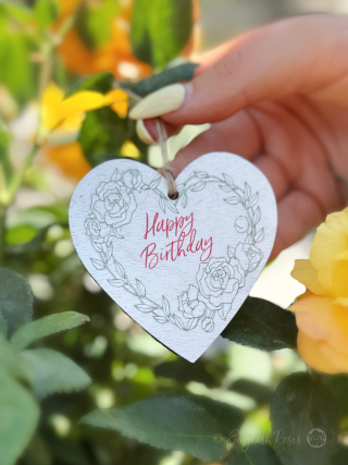 White hanging heart shaped wooden gift tag keepsake saying 'Happy Birthday' - Eco-friendly gift wrap from English Roses