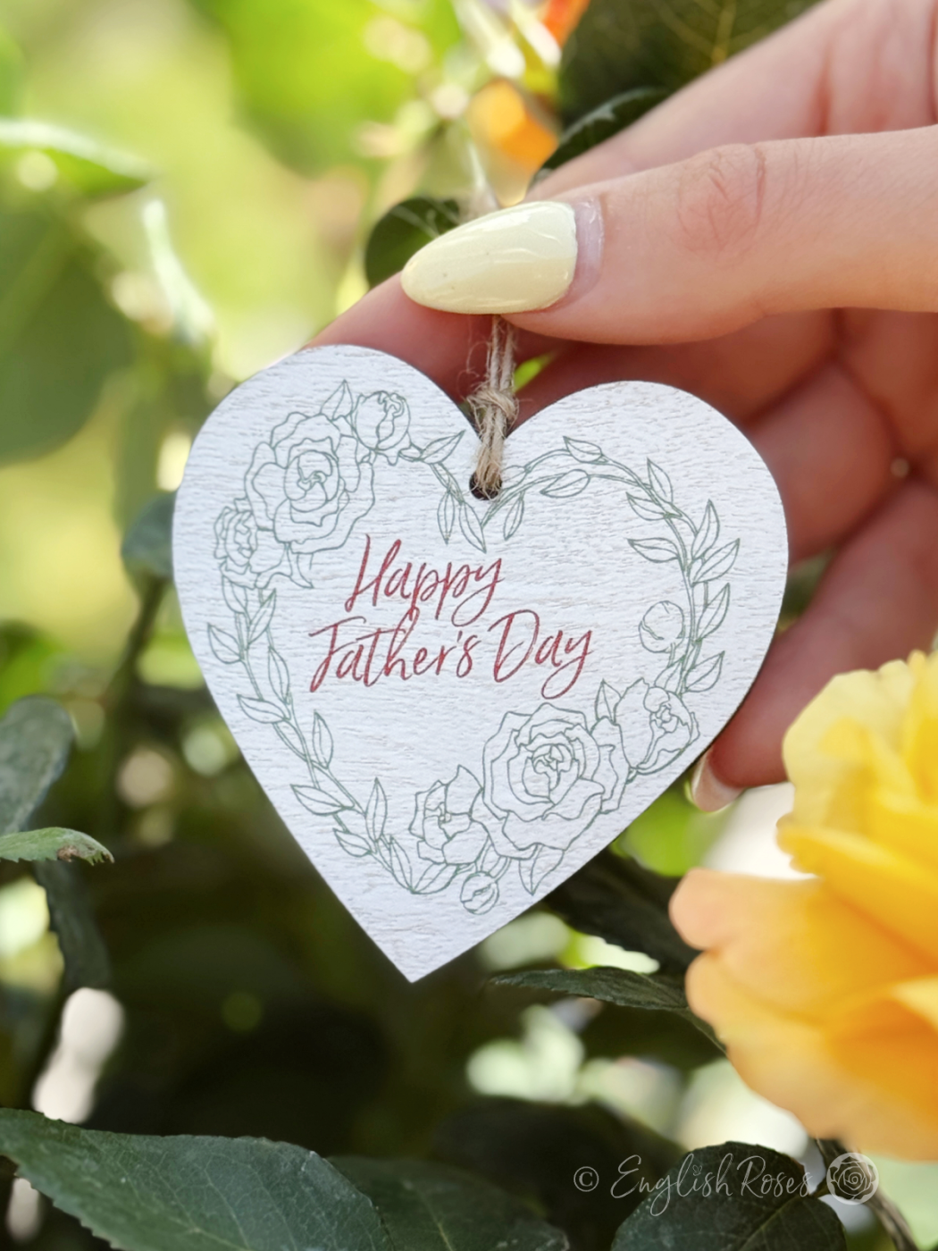 White hanging heart-shaped wooden gift tag keepsake saying 'Happy Father's Day' - Eco-friendly gift wrap from English Roses
