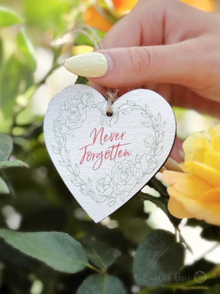White hanging heart shaped wooden gift tag keepsake saying 'Never Forgotten' - Eco-friendly gift wrap from English Roses