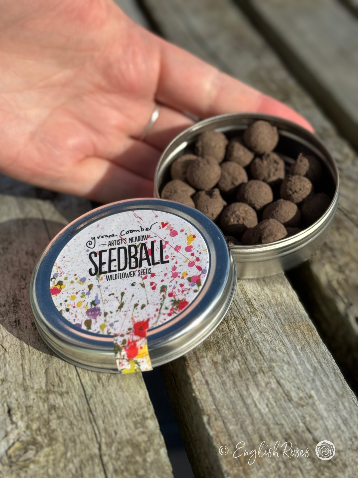 Artist's Meadow Mix – Wildflower Seedball Tin 2 - Open eco friendly tin with 20 seed balls
