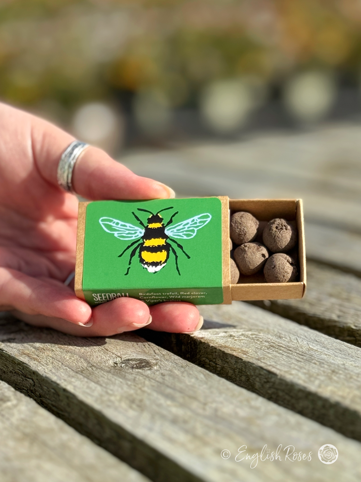 Bee Mix – Wildflower Seedball Matchbox 3 - Small open matchbox containing six seed balls