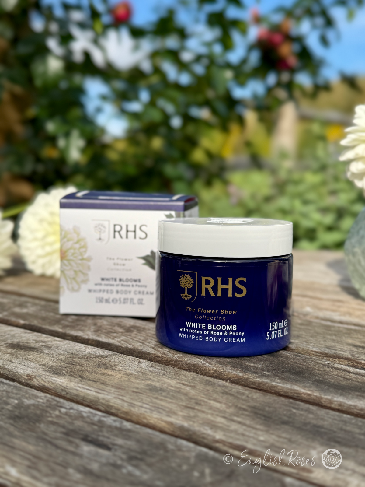 Body Cream - White Blooms Rose and Peony RHS The Flower Show Collection - Close up of the container and box