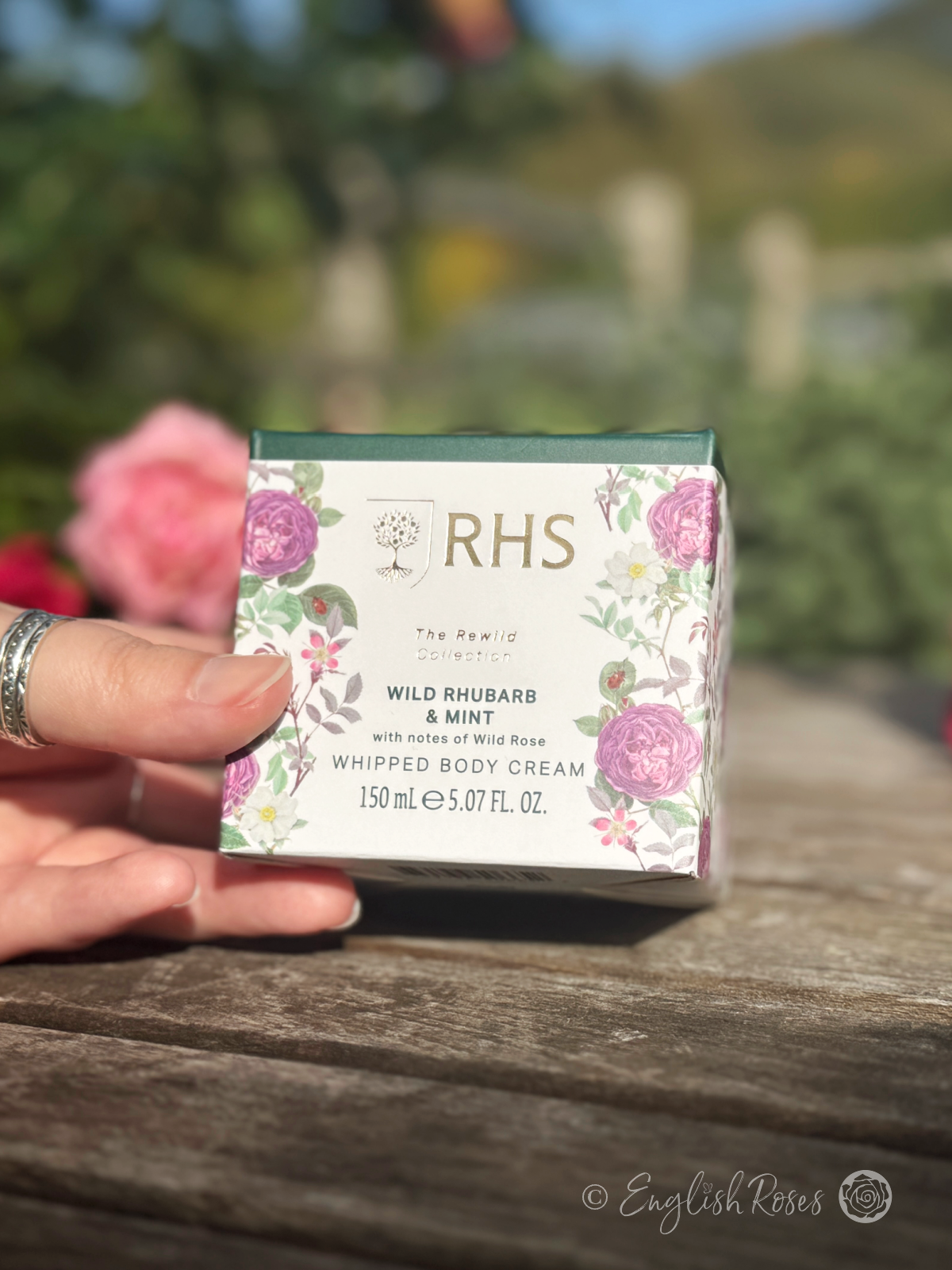 Body Cream - Wild Rhubarb and Mint RHS The Rewild Collection - The decorative box with rose artwork.