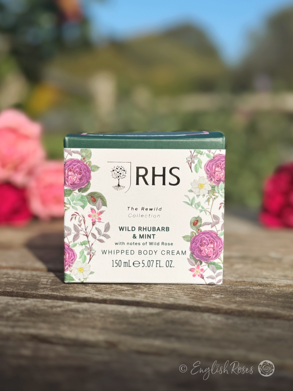 Body Cream - Wild Rhubarb and Mint RHS The Rewild Collection - The decorative box with rose artwork.