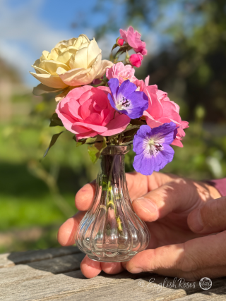 Recycled Glass Small Bud Vase Rose flower arrangement - arrangement of roses and wildflowers