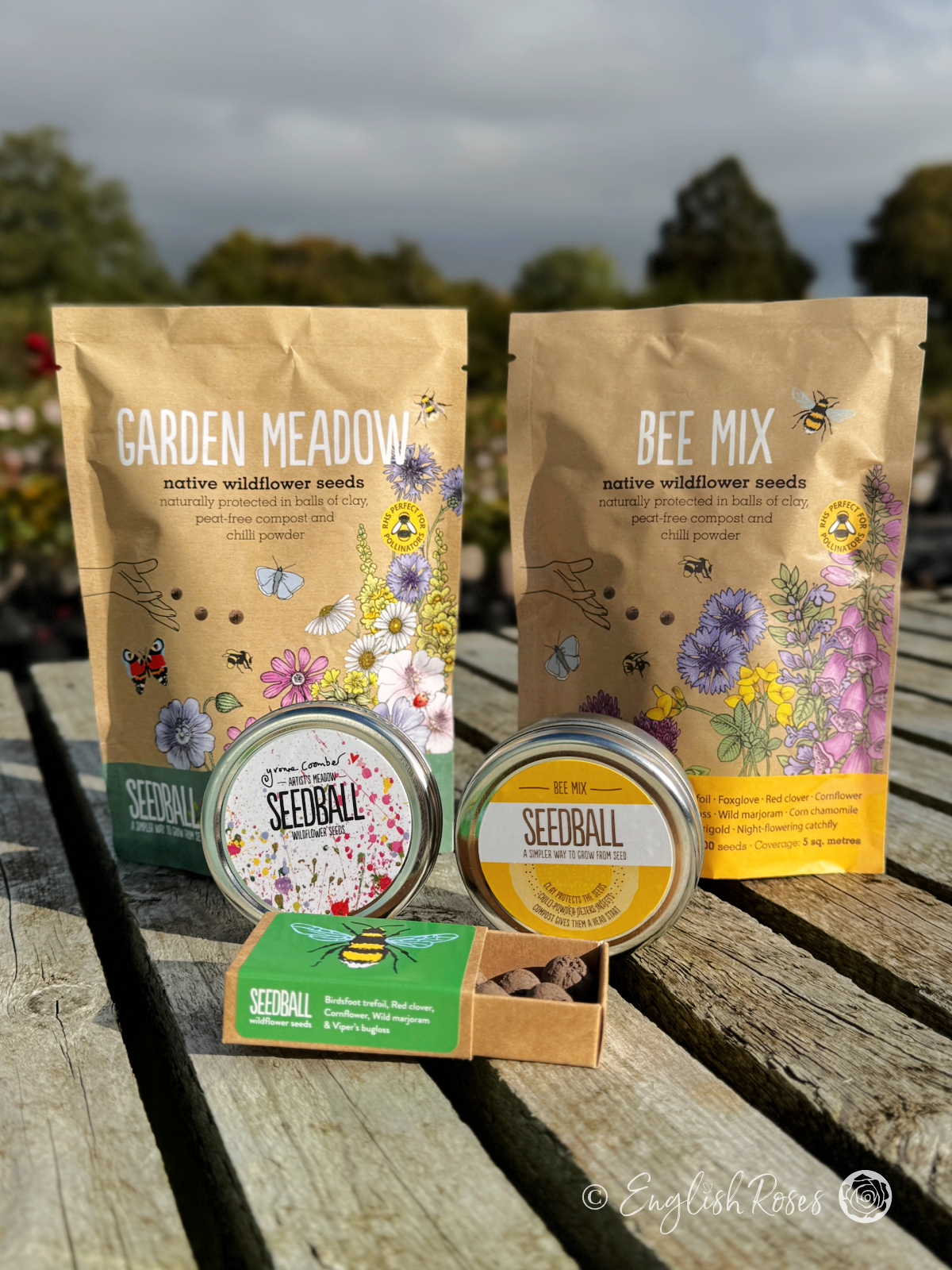 Seed ball Wildflower Bee and Wildflower Mix - Bee and Wildflower Mix Bags, tins and matchbox containing native wildflower seedballs