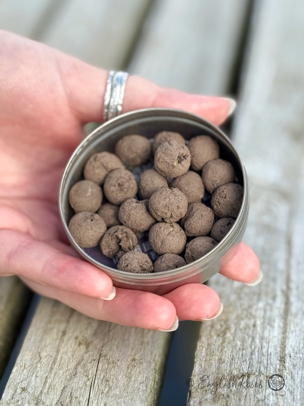 Seedball Wildflower Seed Tin - Open seedball tin containing 20 balls with native wildflowers
