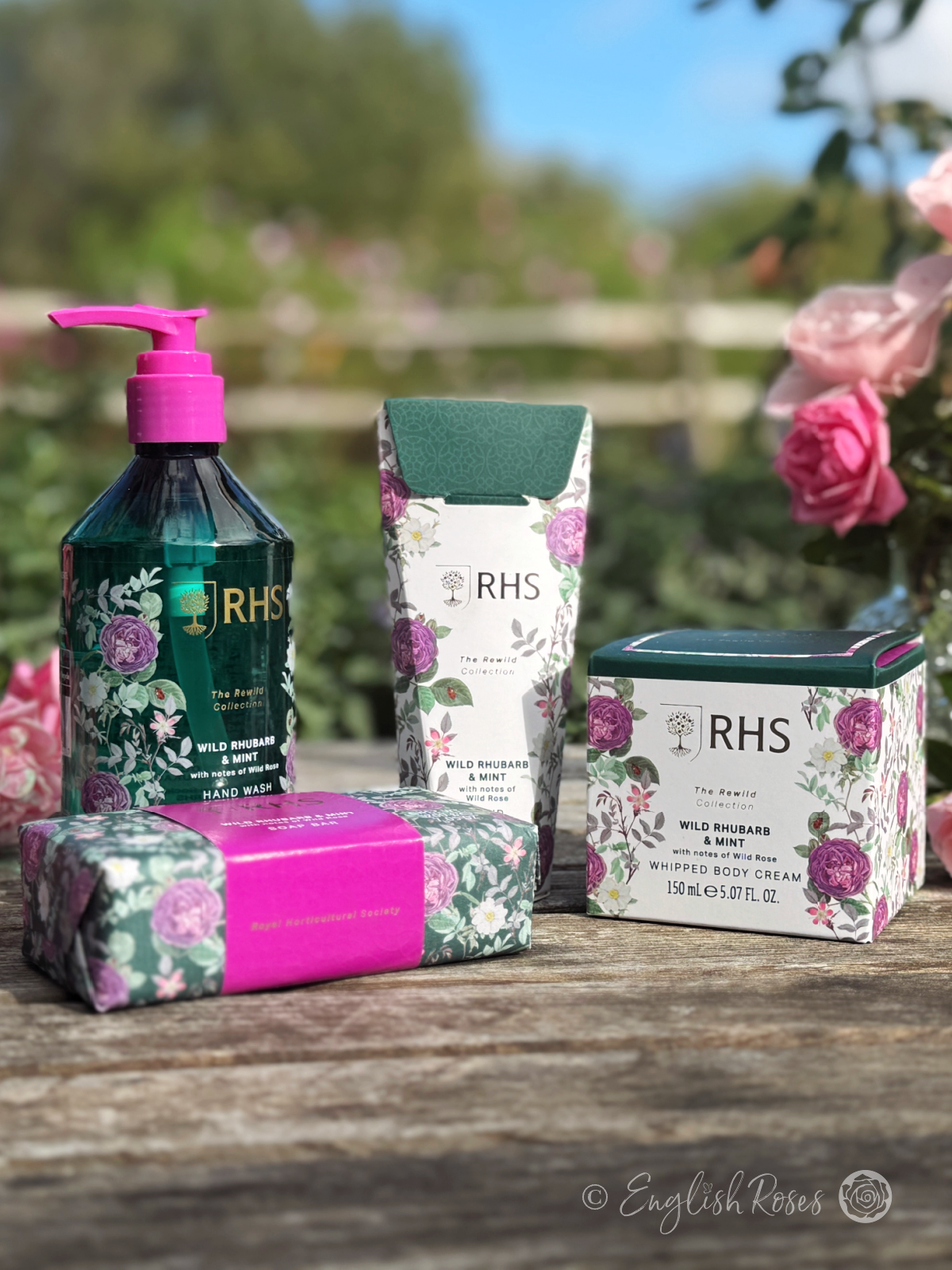 Wild Rhubarb and Mint RHS The Rewild Collection - A close up of the skin care range with a delightful fragrance